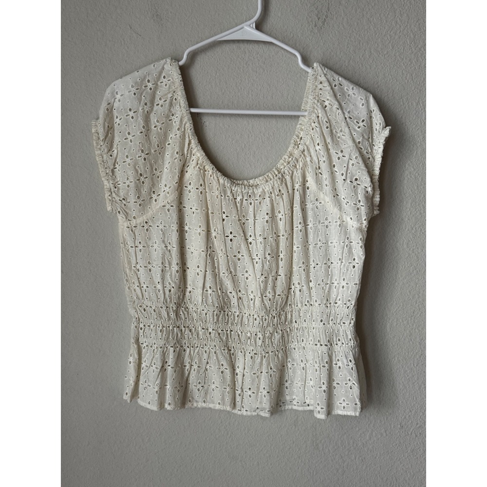 Full Circle Trends Cream Eyelet Lace Smocked Peplum Boho Top Large